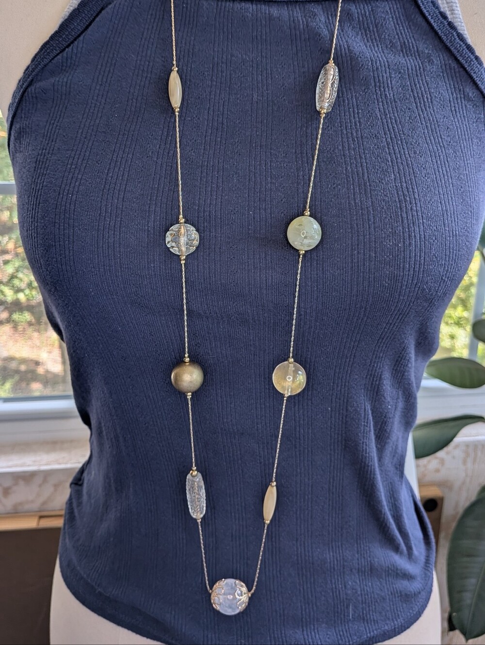 Gold Tone Long Station Necklace Mixed Glass Resin Quartz Beads Filigree Caps
